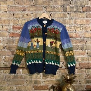 Whimsical vintage wool sweater w farm scene